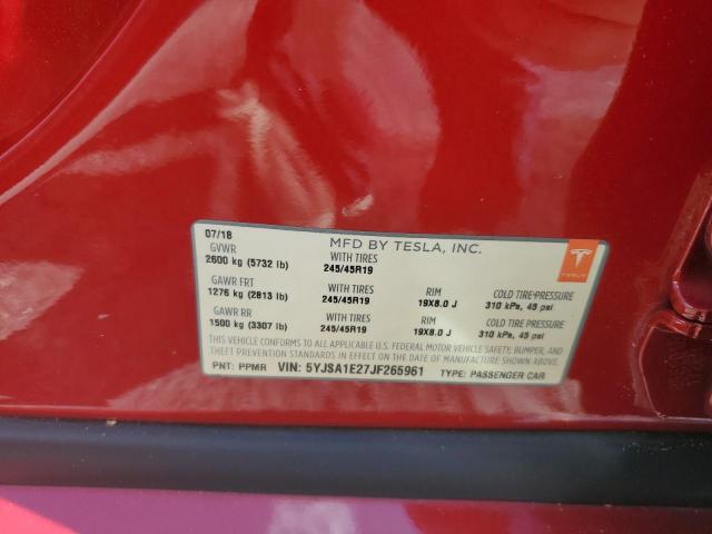 5YJSA1E27JF265961 - 2018 TESLA MODEL S წითელი ფოტო 13