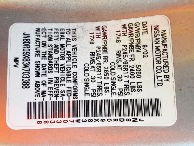 JN8DR09X83W703388 - 2003 NISSAN PATHFINDER LE  ფოტო 10