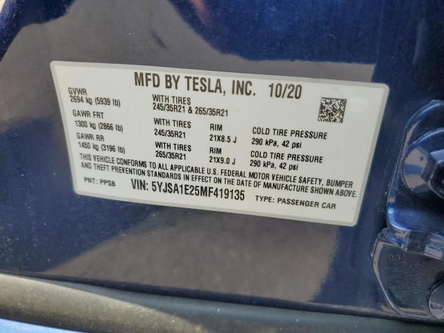 5YJSA1E25MF419135 - 2021 TESLA MODEL S Կապույտ լուսանկար 12