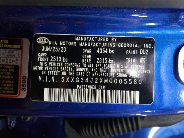 5XXG34J2XMG005580 - 2021 KIA K5 EX BLUE photo 12