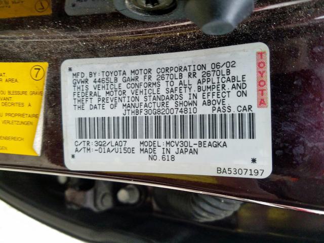 JTHBF30G820074810 - 2002 LEXUS ES 300  photo 10