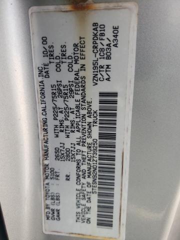 5TESN92N01Z739250 - 2001 TOYOTA TACOMA XTRACAB PRERUNNER ვერცხლისფერი ფოტო 12