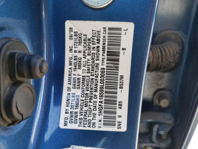 1HGFA16599L003069 - 2009 HONDA CIVIC LX BLUE photo 12