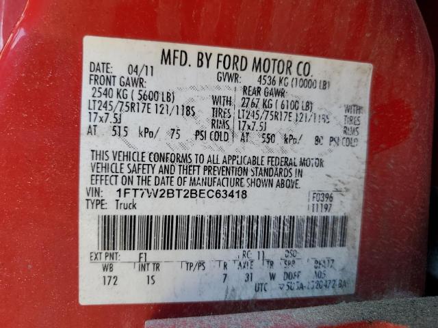 1FT7W2BT2BEC63418 - 2011 FORD F250 SUPER DUTY RED photo 12