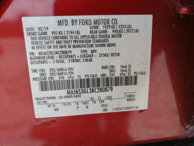 MAJ6S3GL3KC280879 - 2019 FORD ECOSPORT SE Rojo foto 12