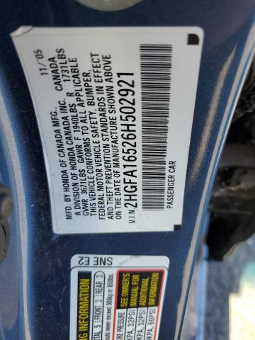 2HGFA16526H502921 - 2006 HONDA CIVIC LX BLUE photo 12