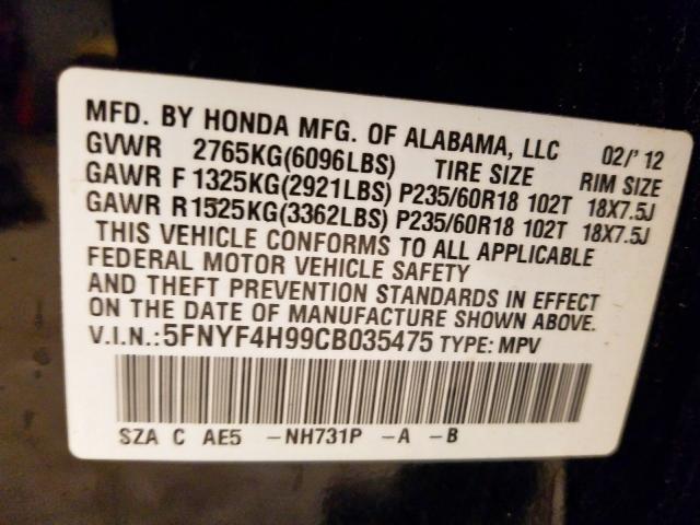 5FNYF4H99CB035475 - 2012 HONDA PILOT TOURING  photo 10