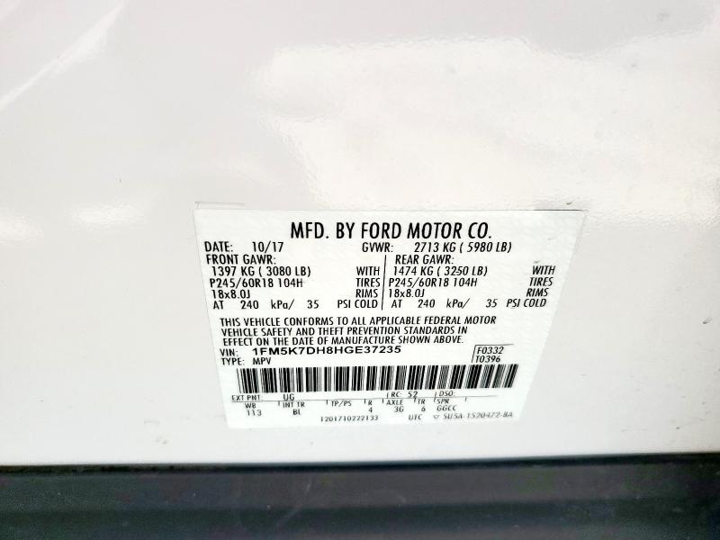 1FM5K7DH8HGE37235 - 2017 FORD EXPLORER XLT WHITE photo 14