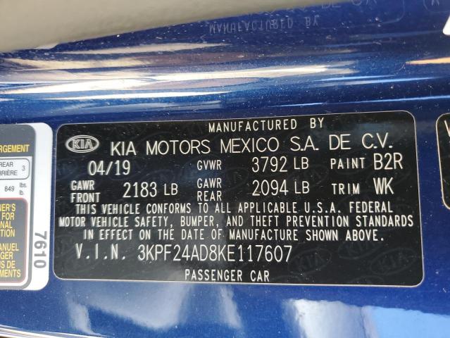 3KPF24AD8KE117607 - 2019 KIA FORTE FE BLUE photo 12