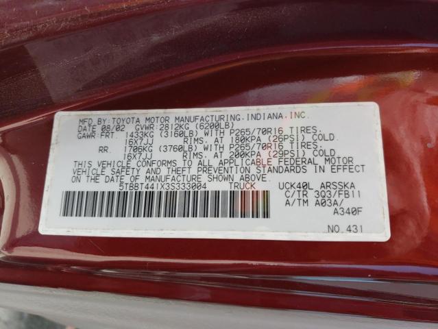 5TBBT441X3S333004 - 2003 TOYOTA TUNDRA ACCESS CAB SR5 BURGUNDY photo 12