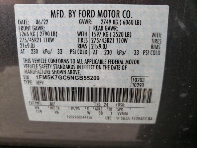 1FM5K7GC5NGB55209 - 2022 FORD EXPLORER ST CHARCOAL photo 14