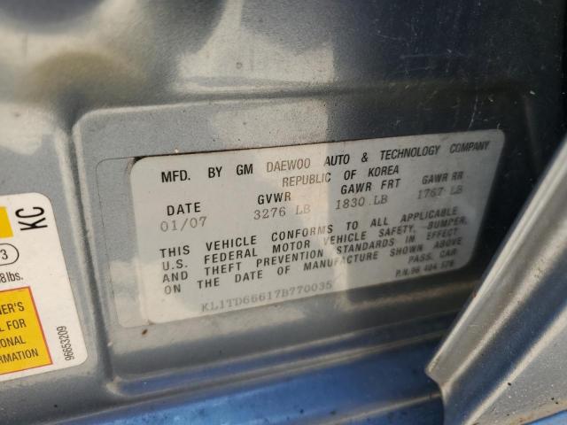 KL1TD66617B770035 - 2007 CHEVROLET AVEO BASE BLUE photo 12