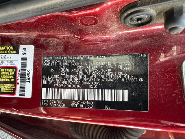 5TFCV54138X006165 - 2008 TOYOTA TUNDRA DOUBLE CAB RED photo 8