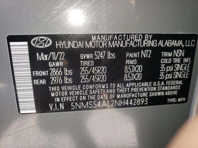 5NMS54AL2NH442893 - 2022 HYUNDAI SANTA FE CALLIGRAPHY GRAY photo 12