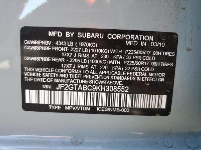 JF2GTABC9KH308552 - 2019 SUBARU CROSSTREK GRAY photo 13