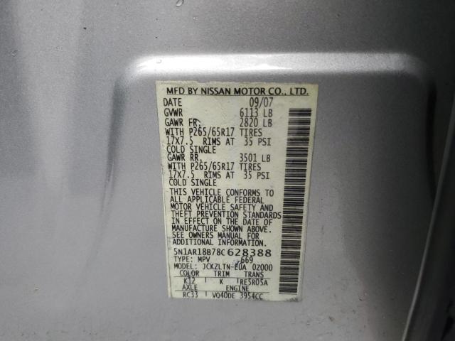 5N1AR18B78C628388 - 2008 NISSAN PATHFINDER S Gümüş foto 13