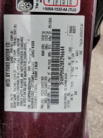 3FAHP0HA2BR296644 - 2011 FORD FUSION SE BURGUNDY photo 12