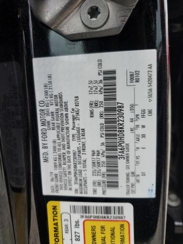 3FA6P0HD8KR230987 - 2019 FORD FUSION SE BLACK photo 13