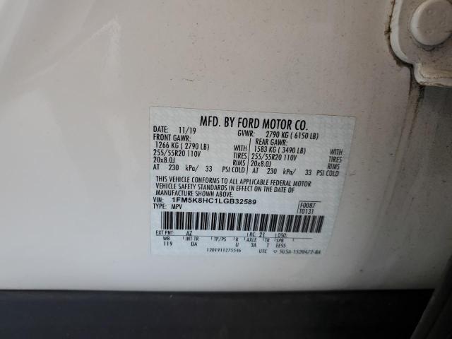 1FM5K8HC1LGB32589 - 2020 FORD EXPLORER PLATINUM WHITE photo 13