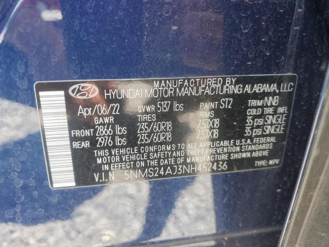 5NMS24AJ3NH452436 - 2022 HYUNDAI SANTA FE SEL ლურჯი ფოტო 13