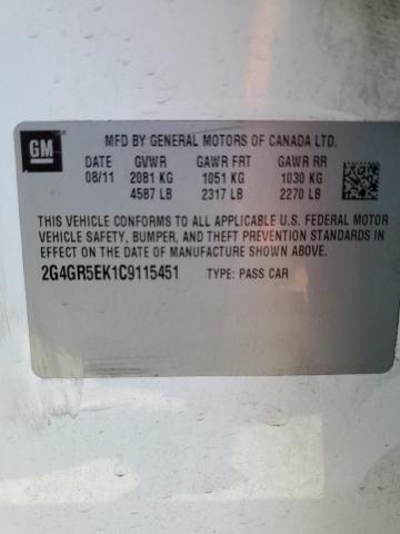 2G4GR5EK1C9115451 - 2012 BUICK REGAL WHITE photo 12