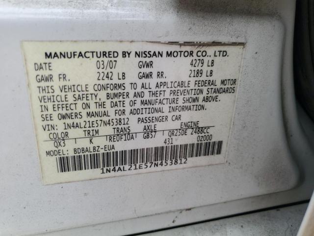 1N4AL21E57N453812 - 2007 NISSAN ALTIMA 2.5 WHITE photo 12