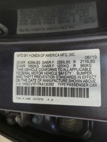 1HGCV1F17KA130392 - 2019 HONDA ACCORD LX GRAY photo 12