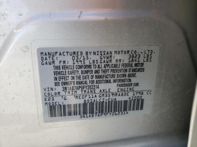 3N1AB7AP9FY262314 - 2015 NISSAN SENTRA S SILVER photo 13