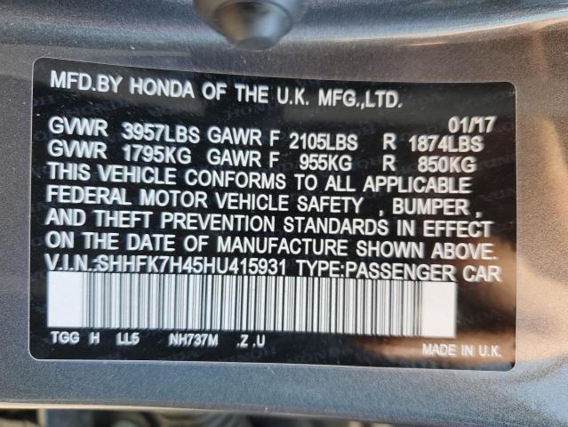 SHHFK7H45HU415931 - 2017 HONDA CIVIC SPORT 灰色 照片 13