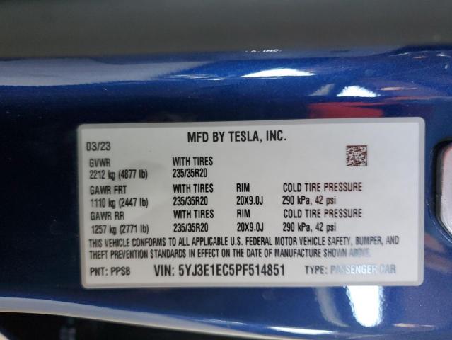 5YJ3E1EC5PF514851 - 2023 TESLA MODEL 3 ლურჯი ფოტო 12