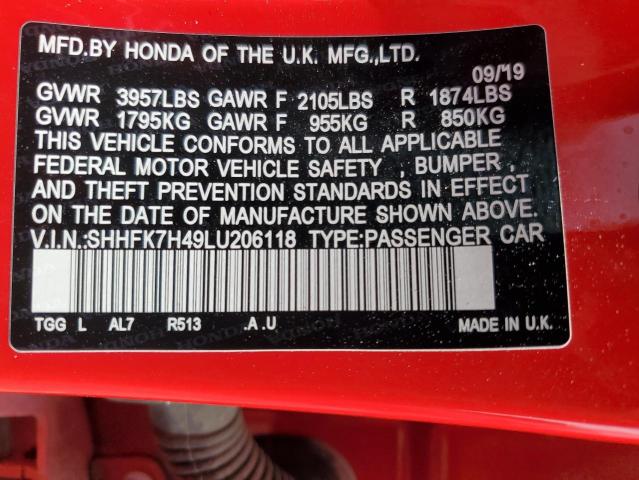 SHHFK7H49LU206118 - 2020 HONDA CIVIC SPORT RED photo 12