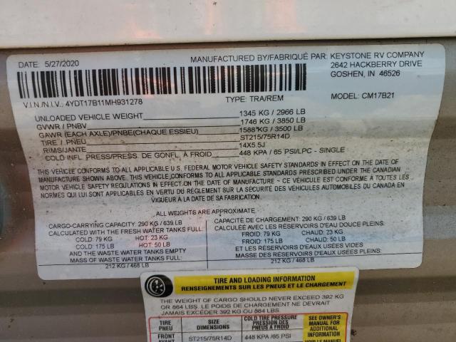 4YDT17B11MH931278 - 2021 COLE CAMPER TWO TONE photo 10