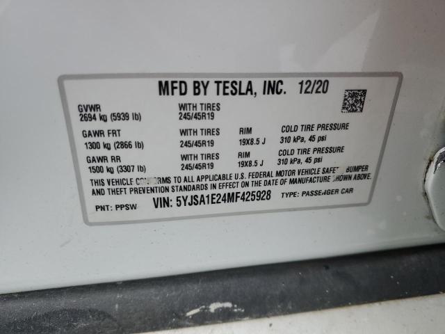 5YJSA1E24MF425928 - 2021 TESLA MODEL S WHITE photo 13