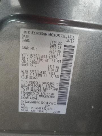 5N1AR2MM6FC694781 - 2015 NISSAN PATHFINDER S GRAY photo 12