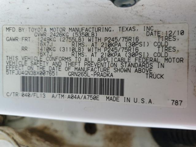 5TFJU4GN3BX007651 - 2011 TOYOTA TACOMA DOUBLE CAB PRERUNNER WHITE photo 13