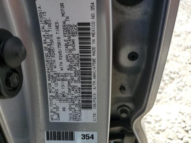 3TMJU4GN5FM191440 - 2015 TOYOTA TACOMA DOUBLE CAB PRERUNNER SILVER photo 12