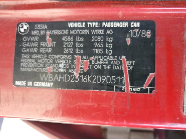 WBAHD2316K2090511 - 1989 BMW 535 I AUTOMATIC RED photo 12