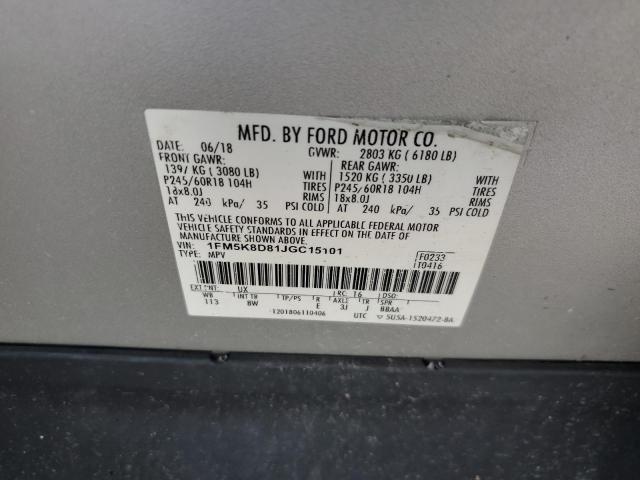 1FM5K8D81JGC15101 - 2018 FORD EXPLORER XLT Gümüş fotoğraf 12