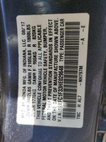 19XFC1F33HE029648 - 2017 HONDA CIVIC EX GRAY photo 13