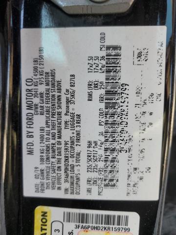 3FA6P0HD2KR159799 - 2019 FORD FUSION SE BLACK photo 13