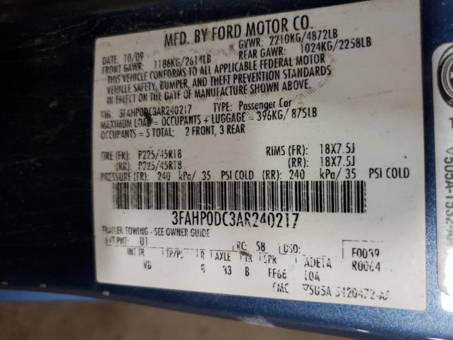 3FAHP0DC3AR240217 - 2010 FORD FUSION SPORT BLUE photo 12