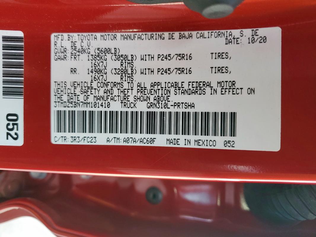 3TMDZ5BN7MM101410 - 2021 TOYOTA TACOMA DOUBLE CAB Қызыл фото 12