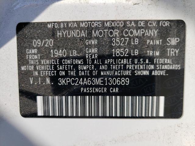 3KPC24A63ME130689 - 2021 HYUNDAI ACCENT SE 白色 照片 12