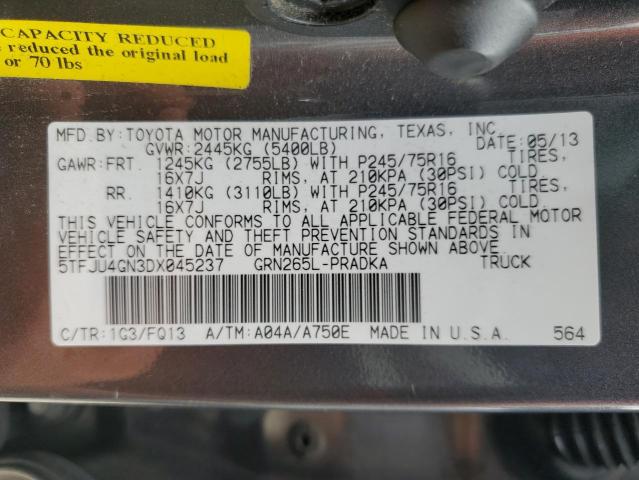 5TFJU4GN3DX045237 - 2013 TOYOTA TACOMA DOUBLE CAB PRERUNNER GRAY photo 12
