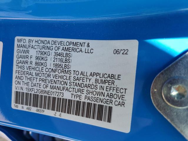 19XFL2G89NE017273 - 2022 HONDA CIVIC SPORT 蓝色 照片 12