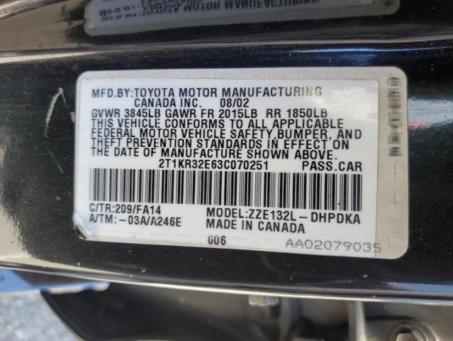 2T1KR32E63C070251 - 2003 TOYOTA COROLLA MA XR BLACK photo 12