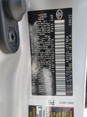 4T1BF1FK6CU170779 - 2012 TOYOTA CAMRY BASE SILVER photo 12