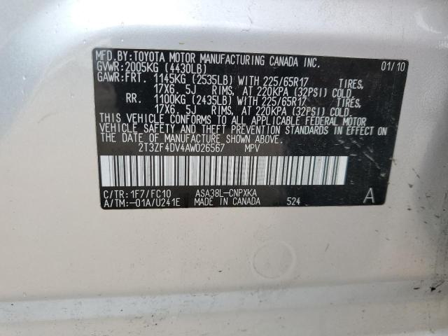 2T3ZF4DV4AW026567 - 2010 TOYOTA RAV4 SILVER photo 12