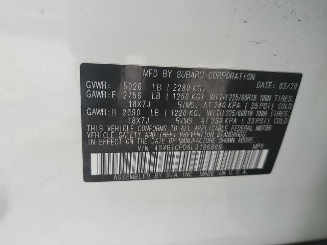 4S4BTGPD6L3186806 - 2020 SUBARU OUTBACK TOURING LDL თეთრი ფოტო 12