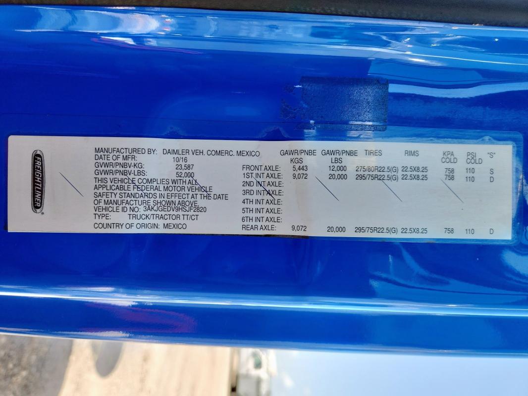 3AKJGEDV9HSJF2820 - 2017 FREIGHTLINER CASCADIA 1 BLUE photo 10